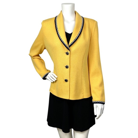 St. John Collection Yellow Knit Blazer Jacket Sz 12 Black White Trim USA - Picture 1 of 7